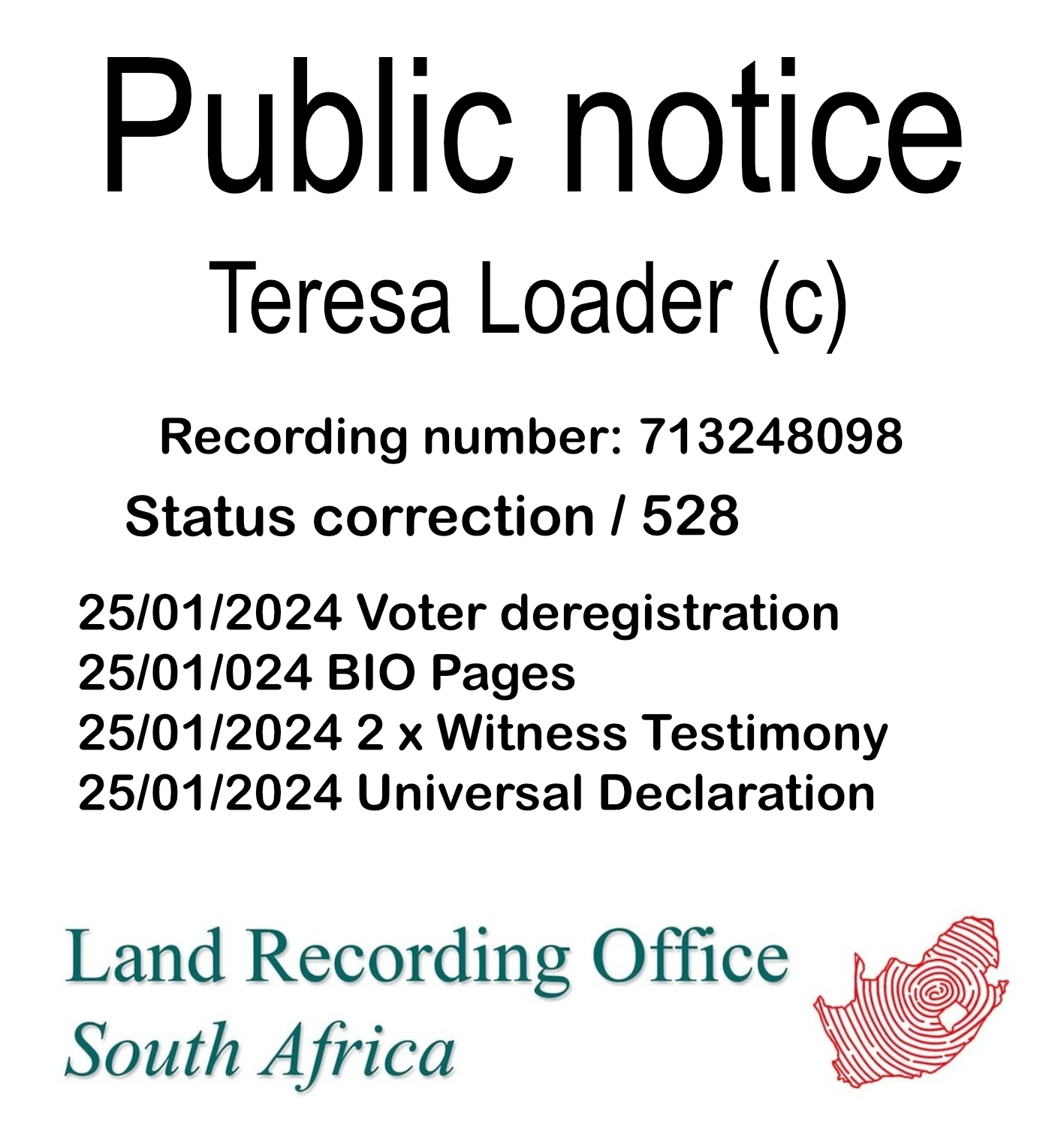 Public notice Teresa Loader Recording number 713248098